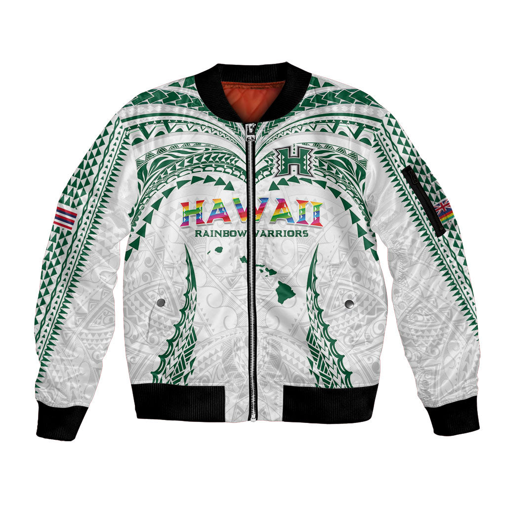 Custom Hawaii Rainbow Warriors Sleeve Zip Bomber Jacket Polynesian Motif White Color