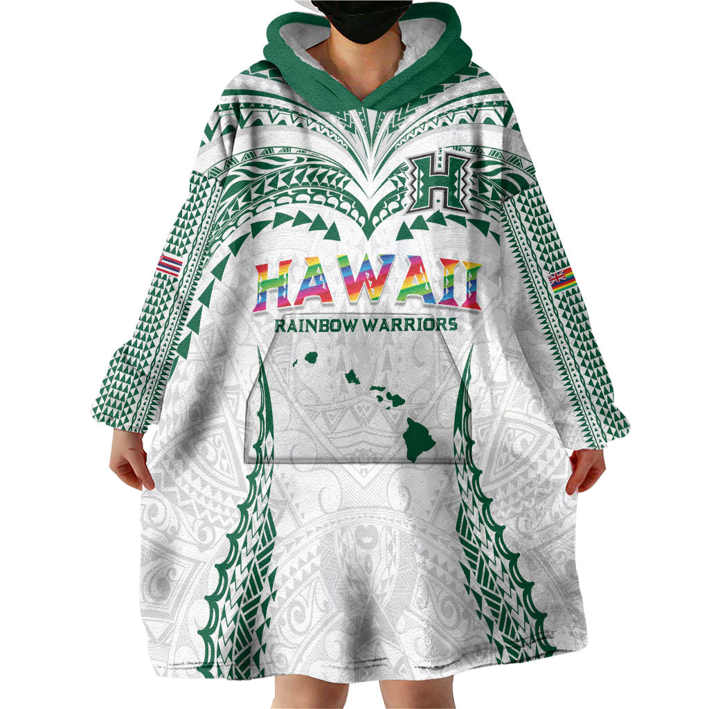 Custom Hawaii Rainbow Warriors Wearable Blanket Hoodie Polynesian Motif White Color
