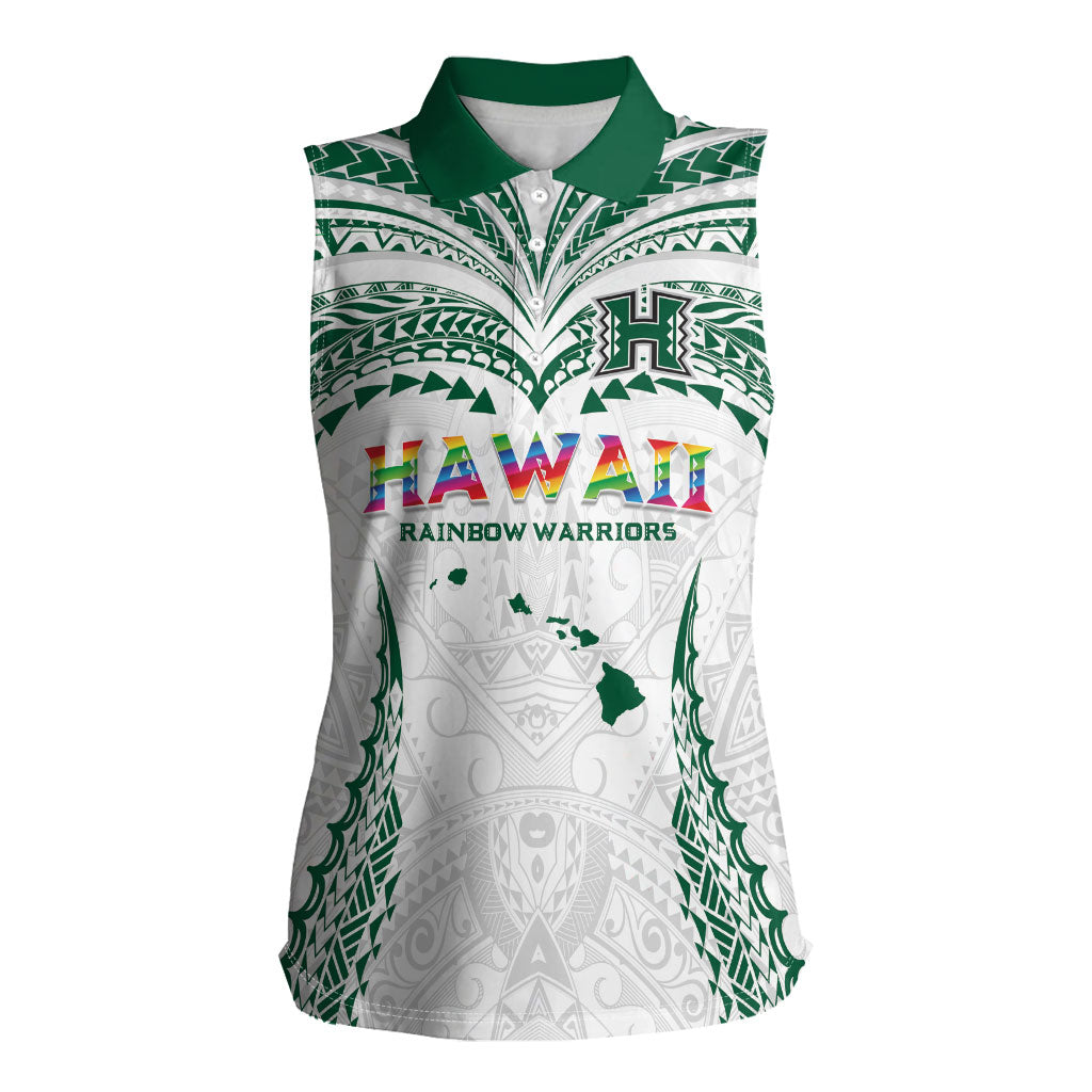 Custom Hawaii Rainbow Warriors Women Sleeveless Polo Shirt Polynesian Motif White Color