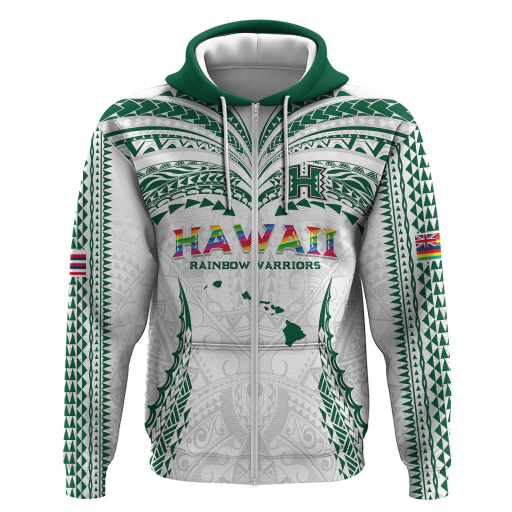Custom Hawaii Rainbow Warriors Zip Hoodie Polynesian Motif White Color