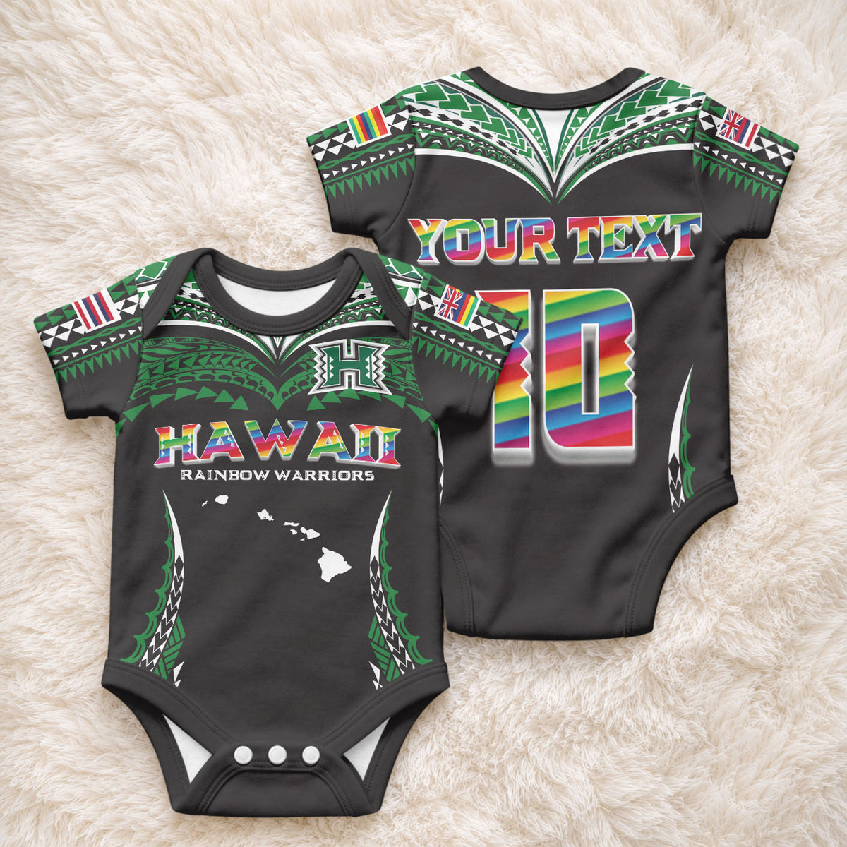 Custom Hawaii Rainbow Warriors Baby Onesie Polynesian Motif Black Color