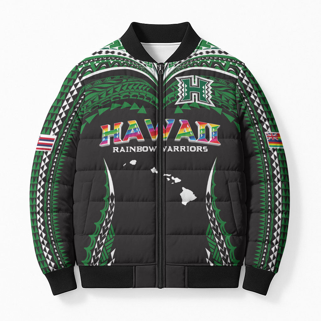 Custom Hawaii Rainbow Warriors Bomber Puffer Jacket Polynesian Motif Black Color