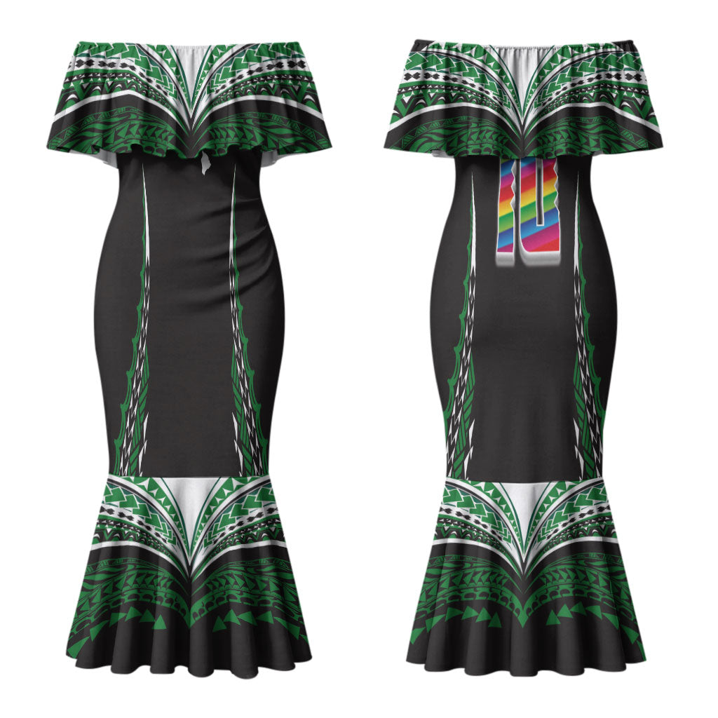 Custom Hawaii Rainbow Warriors Couples Matching Mermaid Dress and Hawaiian Shirt Polynesian Motif Black Color
