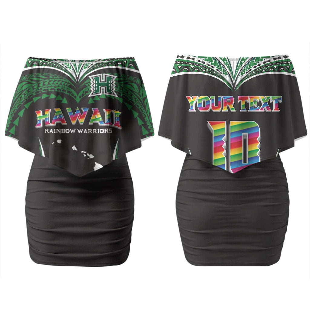 Custom Hawaii Rainbow Warriors Couples Matching Off Shoulder Short Dress and Long Sleeve Button Shirt Polynesian Motif Black Color