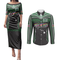 Custom Hawaii Rainbow Warriors Couples Matching Puletasi and Long Sleeve Button Shirt Polynesian Motif Black Color