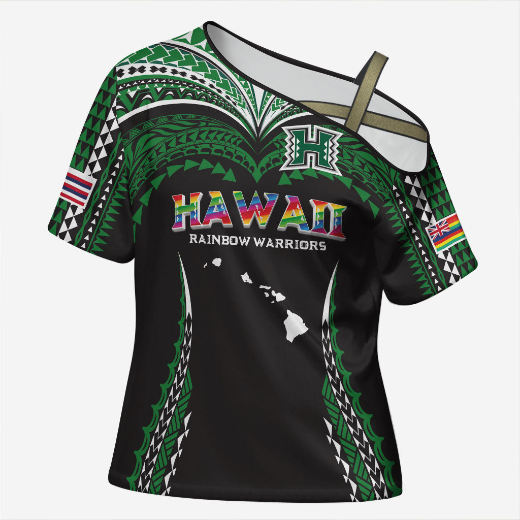 Custom Hawaii Rainbow Warriors Cross Shoulder Shirt Polynesian Motif Black Color