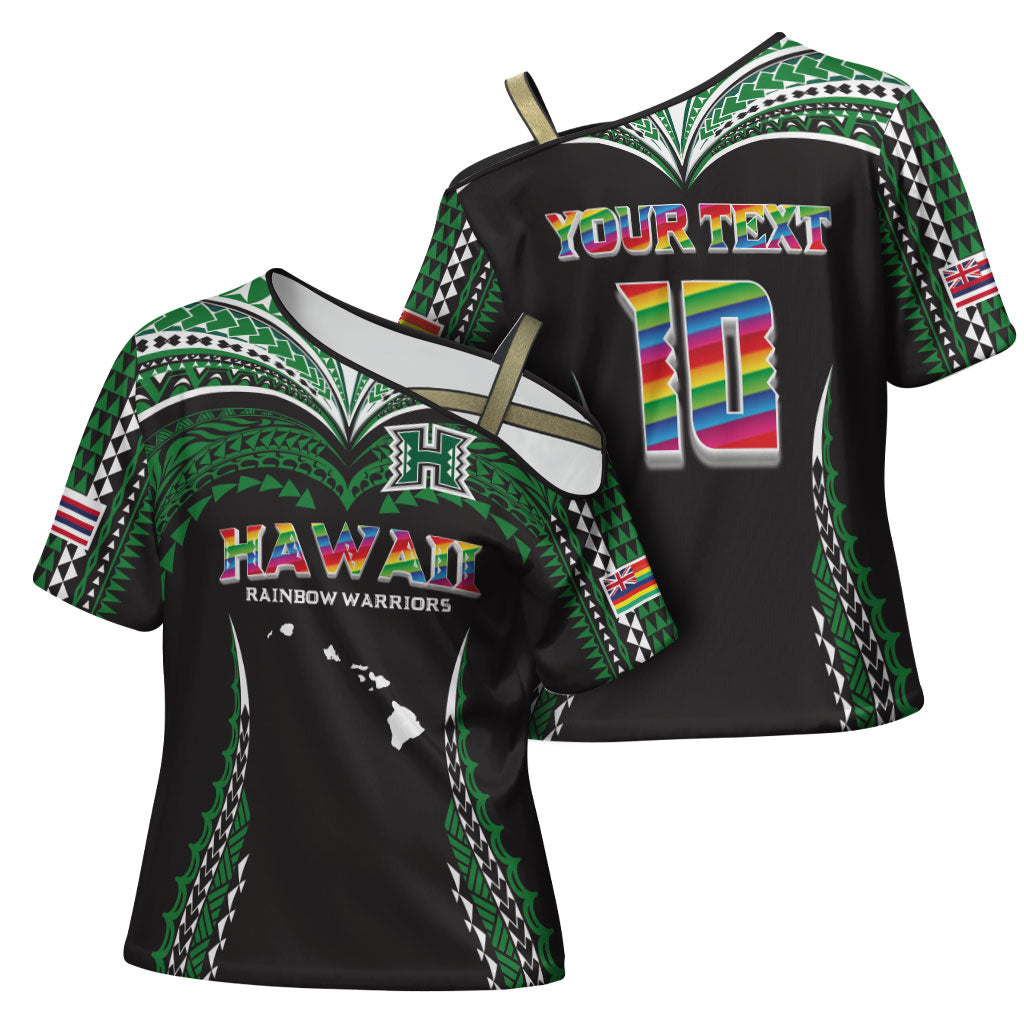 Custom Hawaii Rainbow Warriors Cross Shoulder Shirt Polynesian Motif Black Color