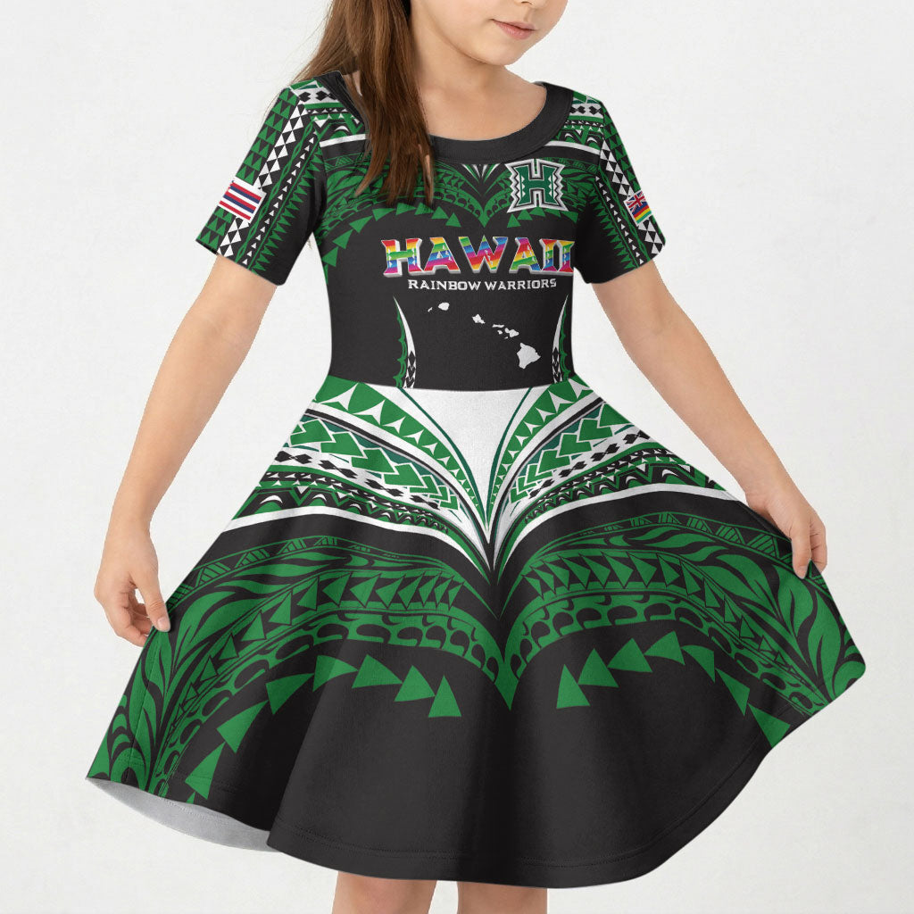 Custom Hawaii Rainbow Warriors Kid Short Sleeve Dress Polynesian Motif Black Color