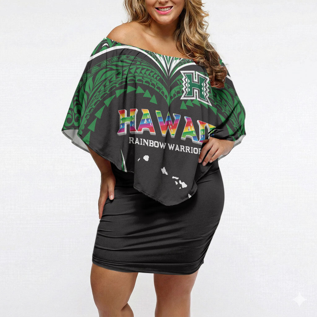 Custom Hawaii Rainbow Warriors Off Shoulder Short Dress Polynesian Motif Black Color