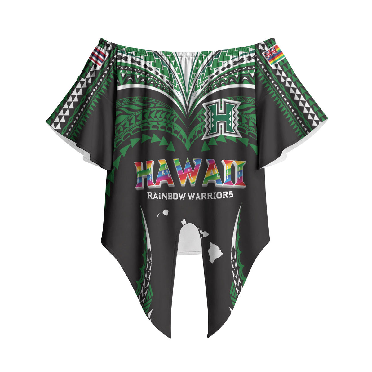Custom Hawaii Rainbow Warriors Off Shoulder Wrap Waist Top Polynesian Motif Black Color