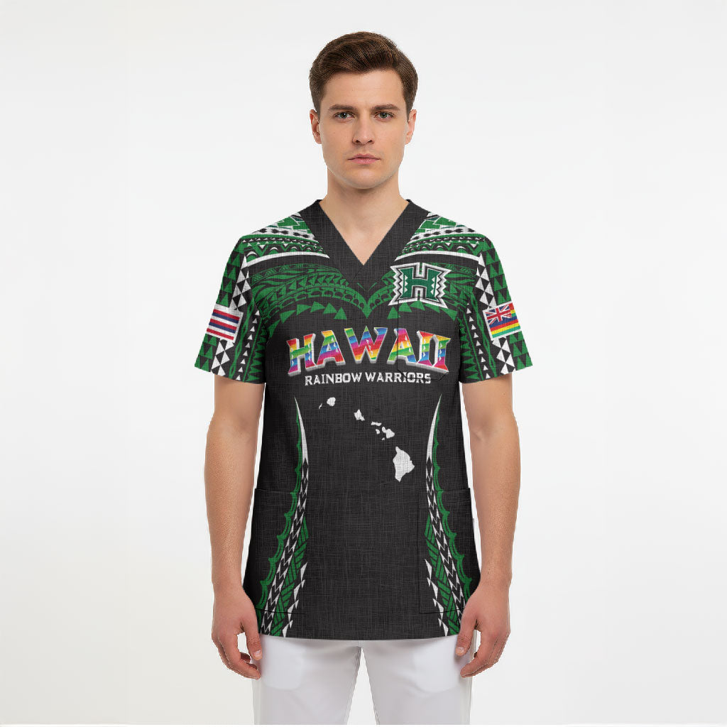 Custom Hawaii Rainbow Warriors Scrub Top Polynesian Motif Black Color