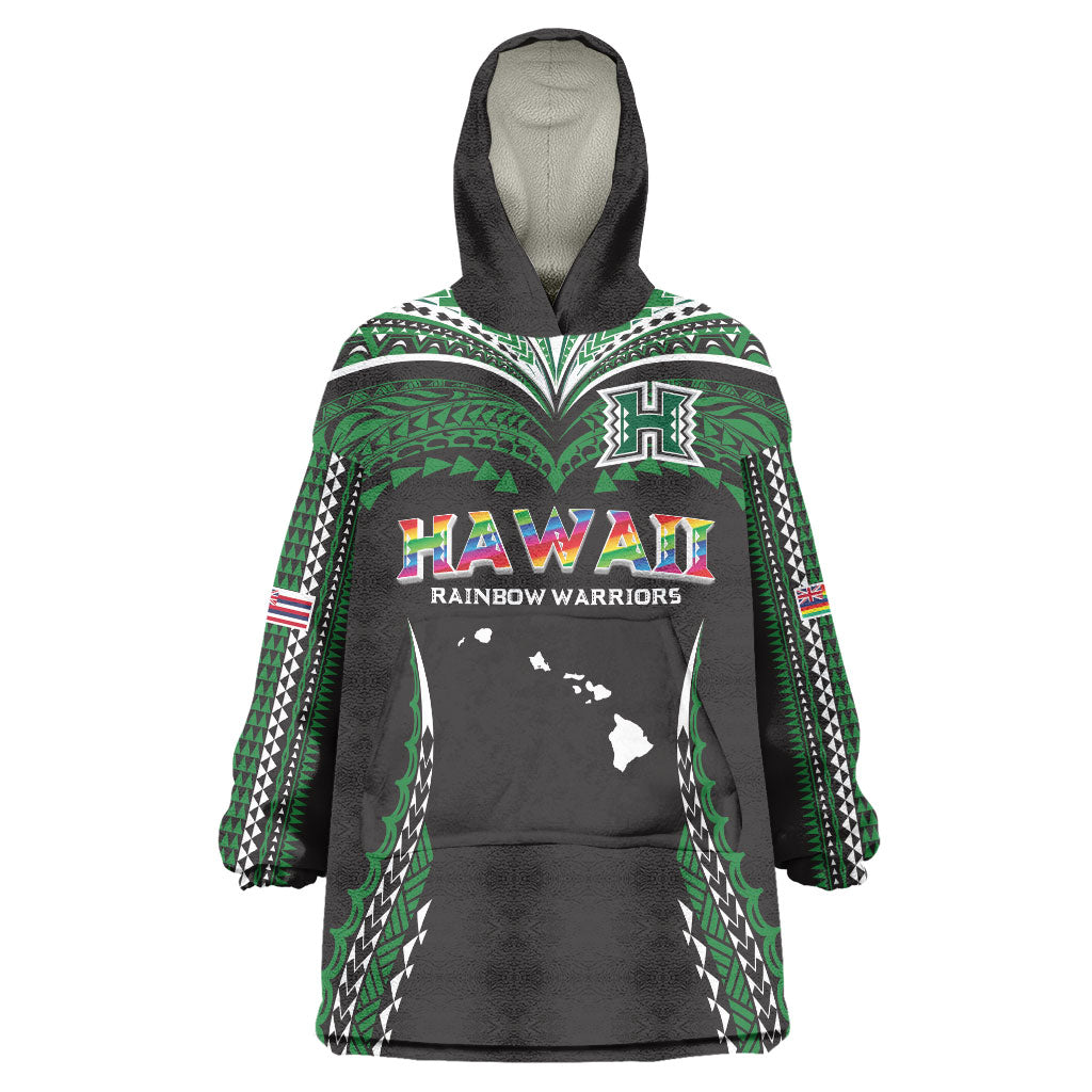 Custom Hawaii Rainbow Warriors Wearable Blanket Hoodie Polynesian Motif Black Color
