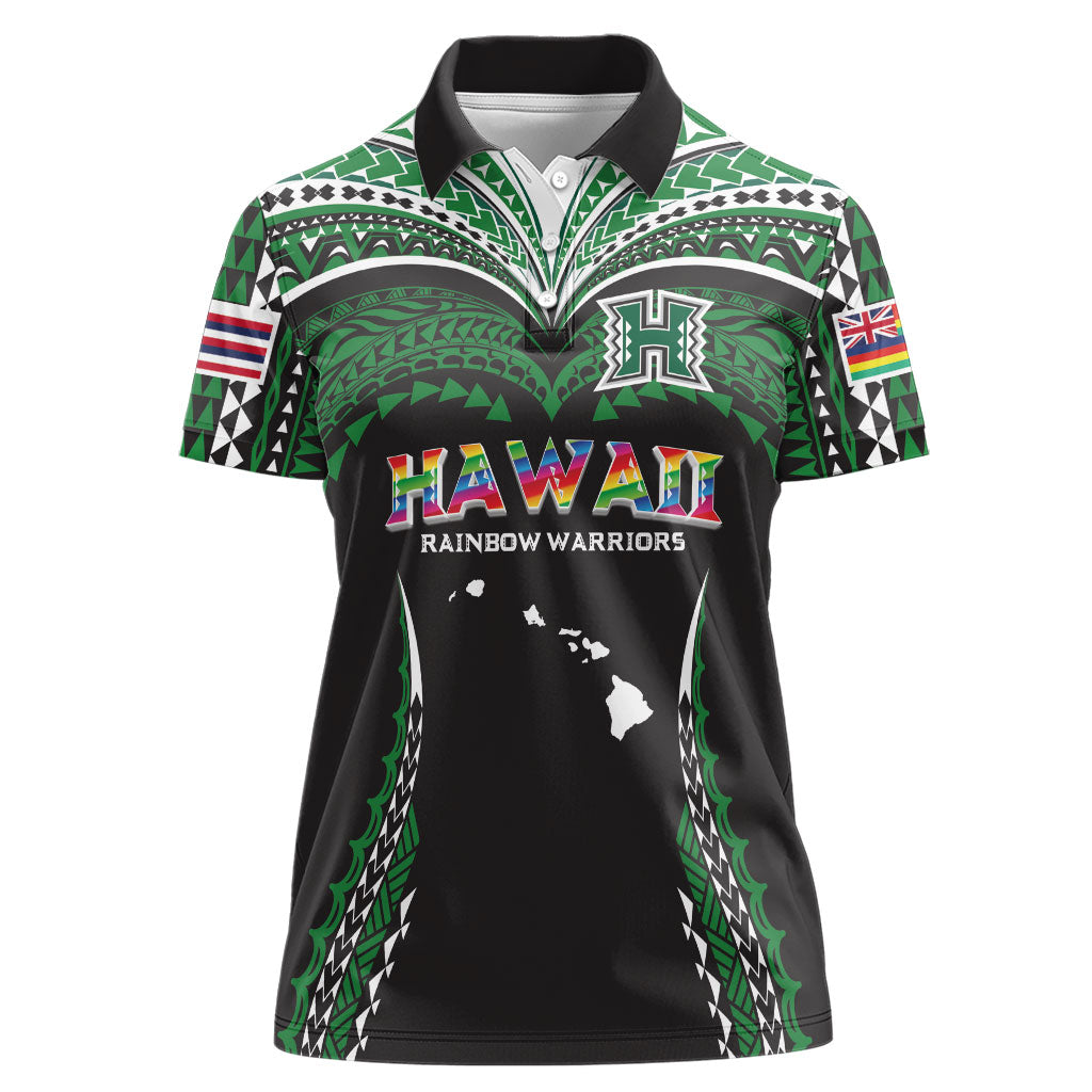 Custom Hawaii Rainbow Warriors Women Polo Shirt Polynesian Motif Black Color