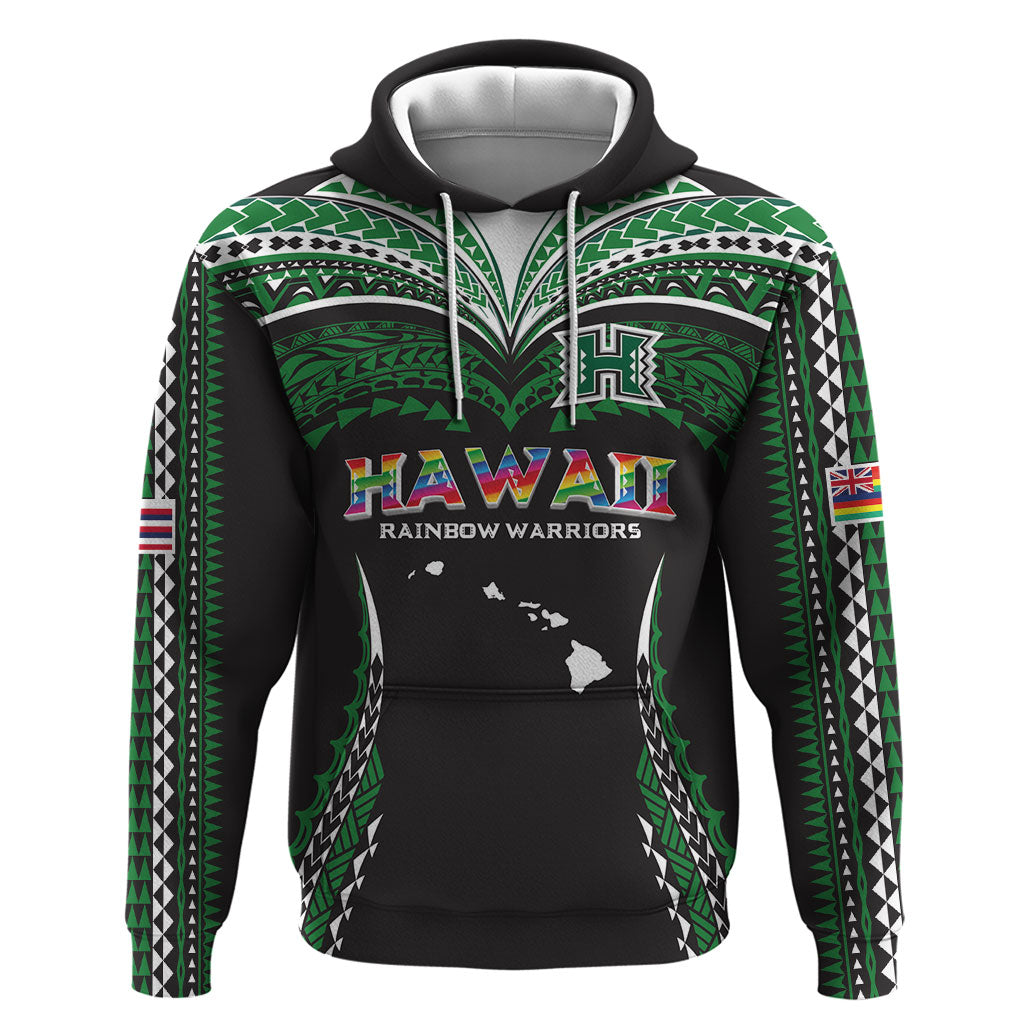 Custom Hawaii Rainbow Warriors Zip Hoodie Polynesian Motif Black Color