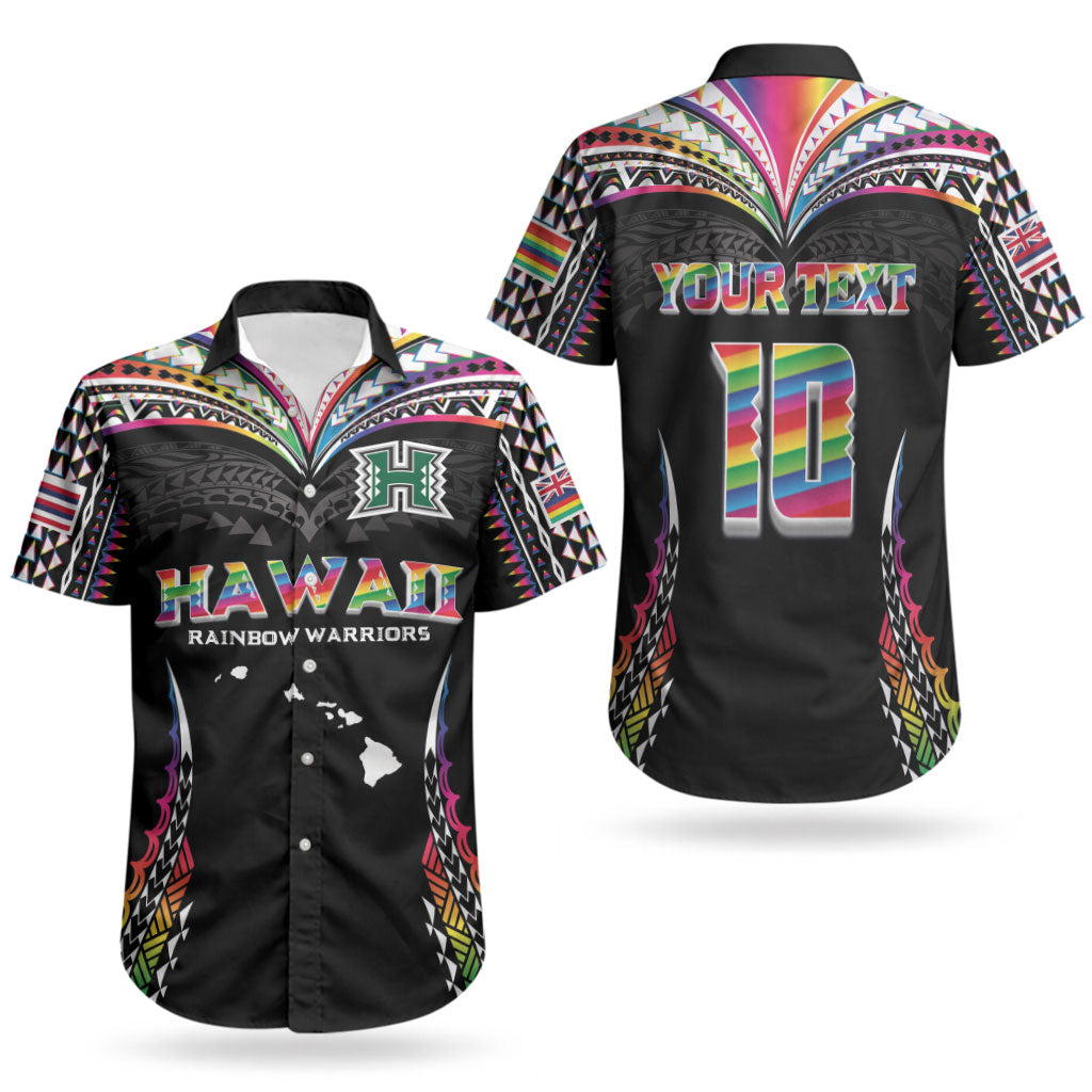 Custom Hawaii Rainbow Warriors Couples Matching Off Shoulder Maxi Dress and Hawaiian Shirt Polynesian Motif Special Edition Rainbow Gradient