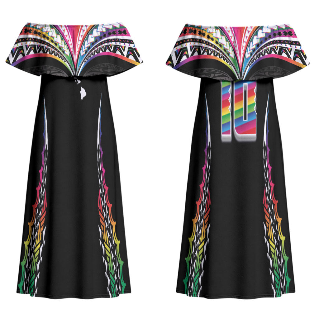 Custom Hawaii Rainbow Warriors Couples Matching Off Shoulder Maxi Dress and Long Sleeve Button Shirt Polynesian Motif Special Edition Rainbow Gradient