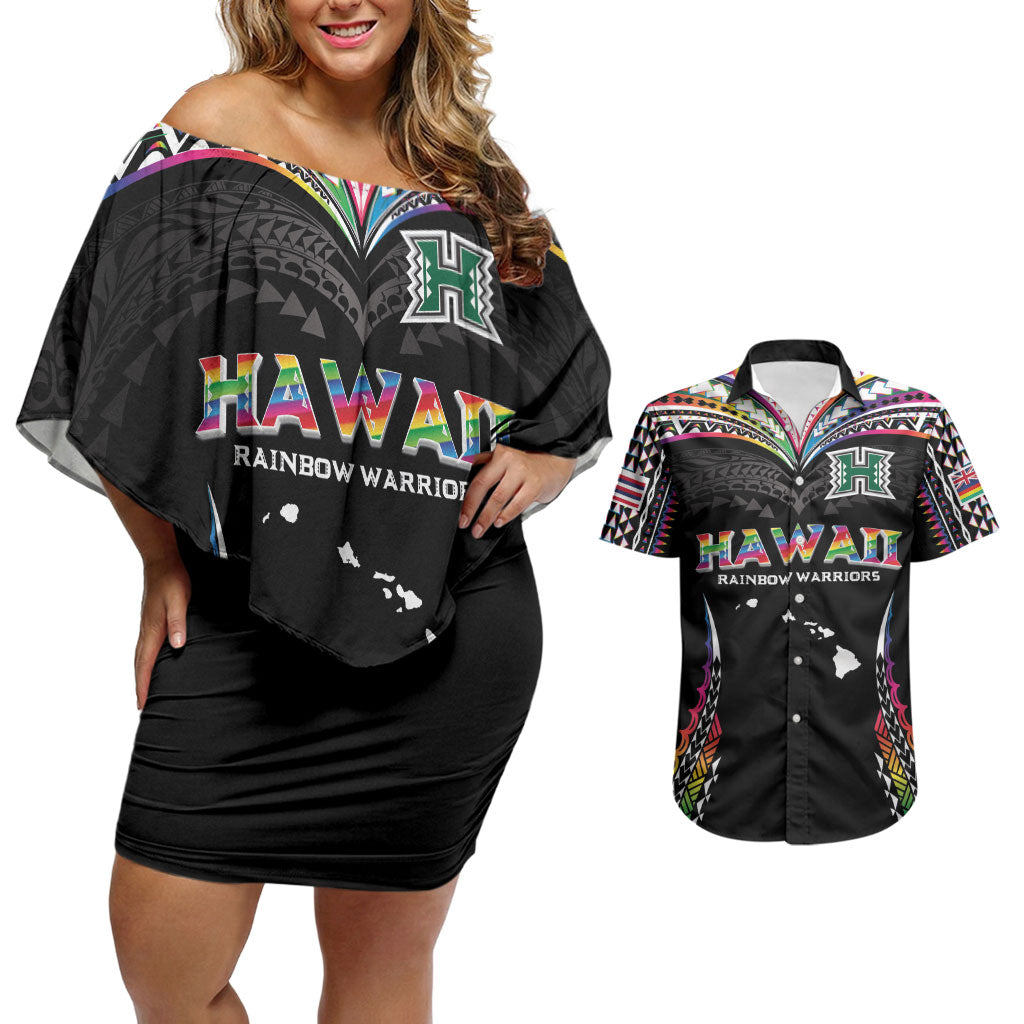 Custom Hawaii Rainbow Warriors Couples Matching Off Shoulder Short Dress and Hawaiian Shirt Polynesian Motif Special Edition Rainbow Gradient