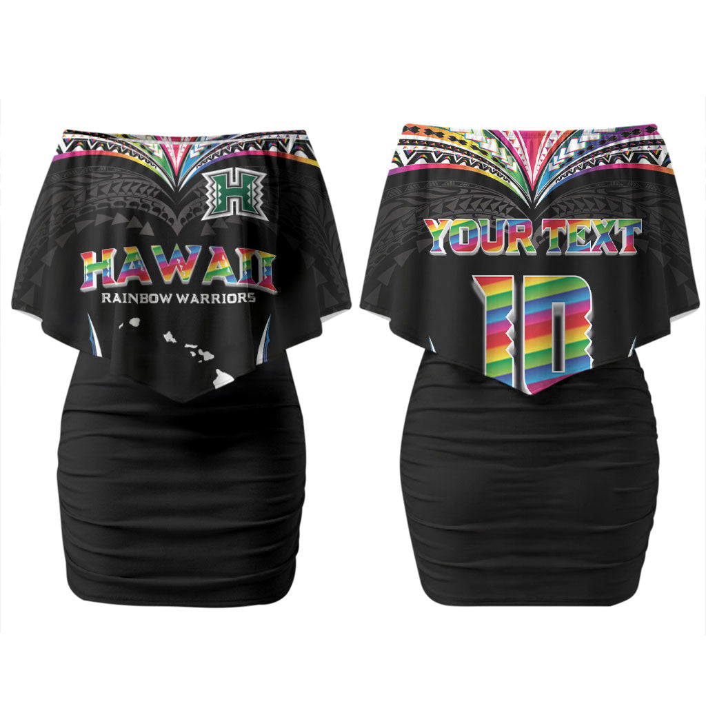 Custom Hawaii Rainbow Warriors Couples Matching Off Shoulder Short Dress and Long Sleeve Button Shirt Polynesian Motif Special Edition Rainbow Gradient