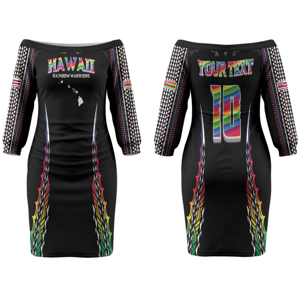 Custom Hawaii Rainbow Warriors Couples Matching Off The Shoulder Long Sleeve Dress and Long Sleeve Button Shirt Polynesian Motif Special Edition Rainbow Gradient