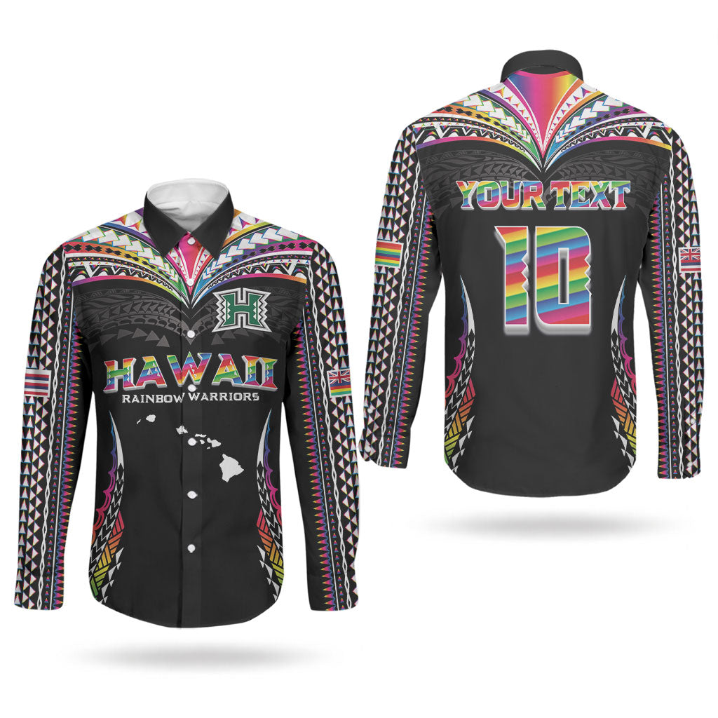 Custom Hawaii Rainbow Warriors Couples Matching Short Sleeve Bodycon Dress and Long Sleeve Button Shirt Polynesian Motif Special Edition Rainbow Gradient