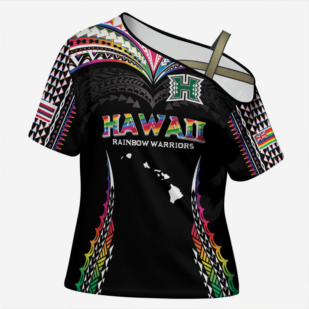 Custom Hawaii Rainbow Warriors Cross Shoulder Shirt Polynesian Motif Special Edition Rainbow Gradient