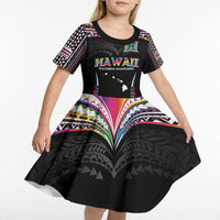 Custom Hawaii Rainbow Warriors Kid Short Sleeve Dress Polynesian Motif Special Edition Rainbow Gradient