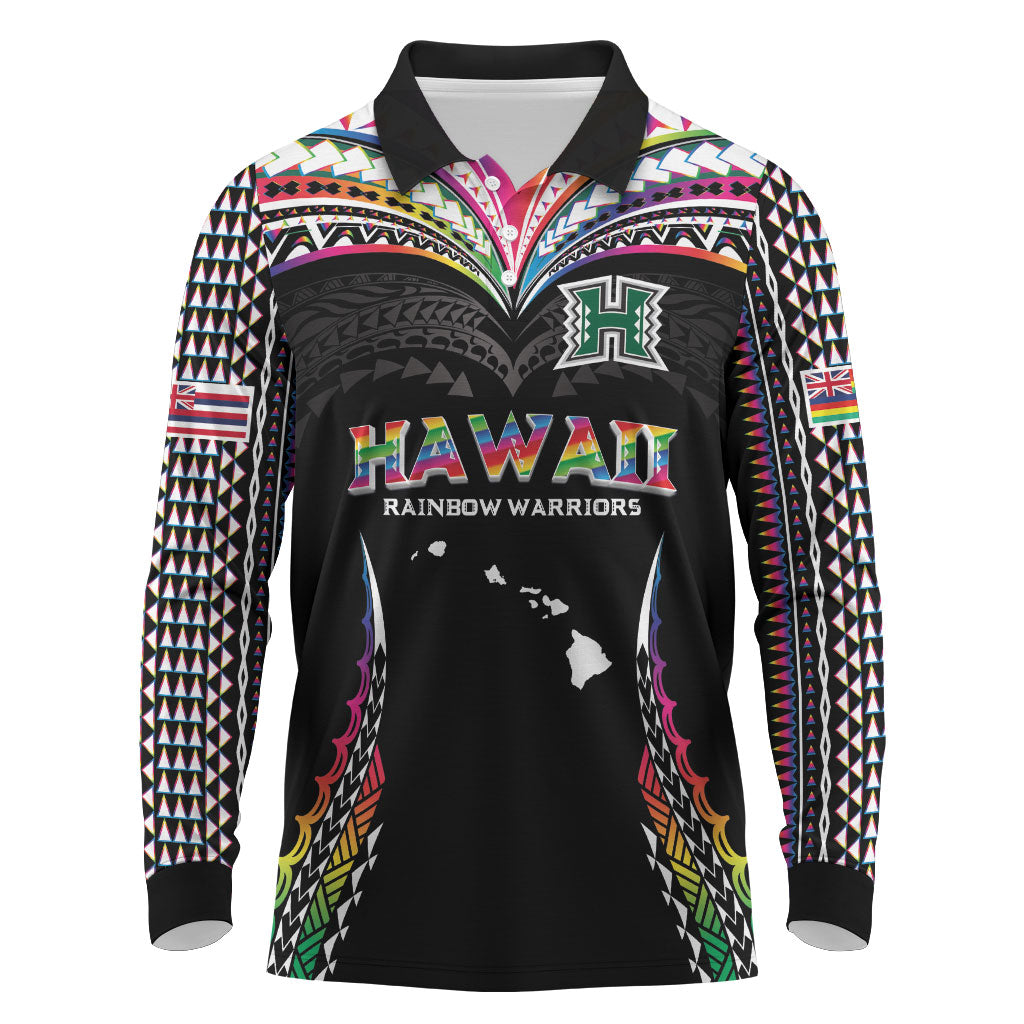 Custom Hawaii Rainbow Warriors Long Sleeve Polo Shirt Polynesian Motif Special Edition Rainbow Gradient