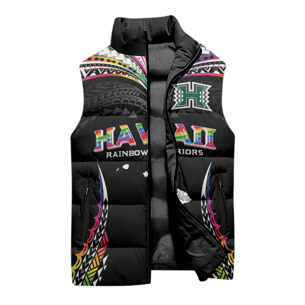 Custom Hawaii Rainbow Warriors Sleeveless Puffer Jacket Polynesian Motif Special Edition Rainbow Gradient
