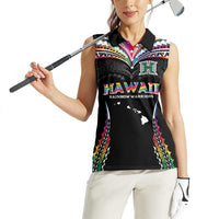 Custom Hawaii Rainbow Warriors Women Sleeveless Polo Shirt Polynesian Motif Special Edition Rainbow Gradient