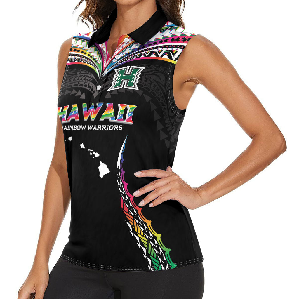 Custom Hawaii Rainbow Warriors Women Sleeveless Polo Shirt Polynesian Motif Special Edition Rainbow Gradient