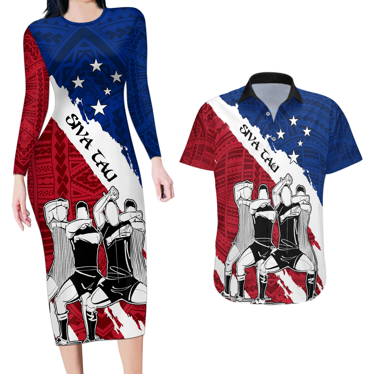 Samoa Rugby Couples Matching Long Sleeve Bodycon Dress and Hawaiian Shirt Siva Tau Dance Polynesian Tattoo Brush Style LT03 Red - Polynesian Pride
