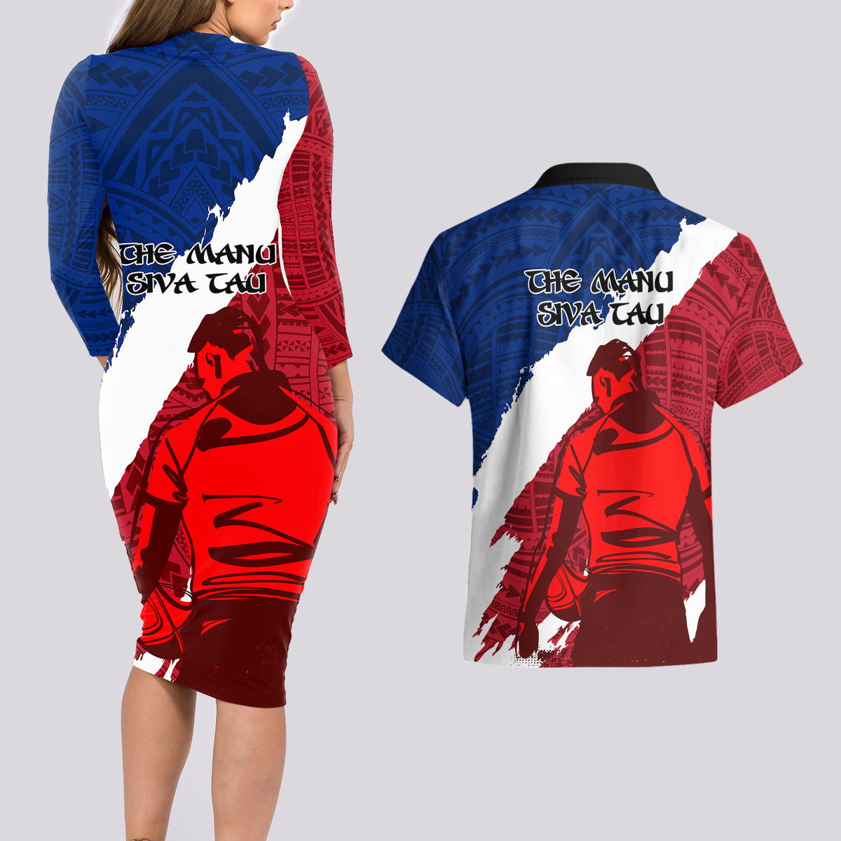 Samoa Rugby Couples Matching Long Sleeve Bodycon Dress and Hawaiian Shirt Siva Tau Dance Polynesian Tattoo Brush Style LT03 - Polynesian Pride