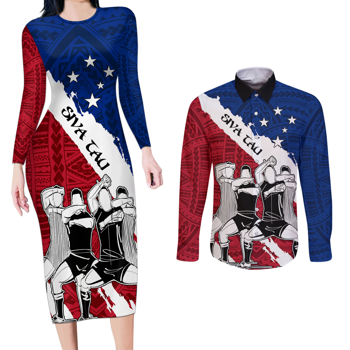 Samoa Rugby Couples Matching Long Sleeve Bodycon Dress and Long Sleeve Button Shirts Siva Tau Dance Polynesian Tattoo Brush Style LT03 Red - Polynesian Pride
