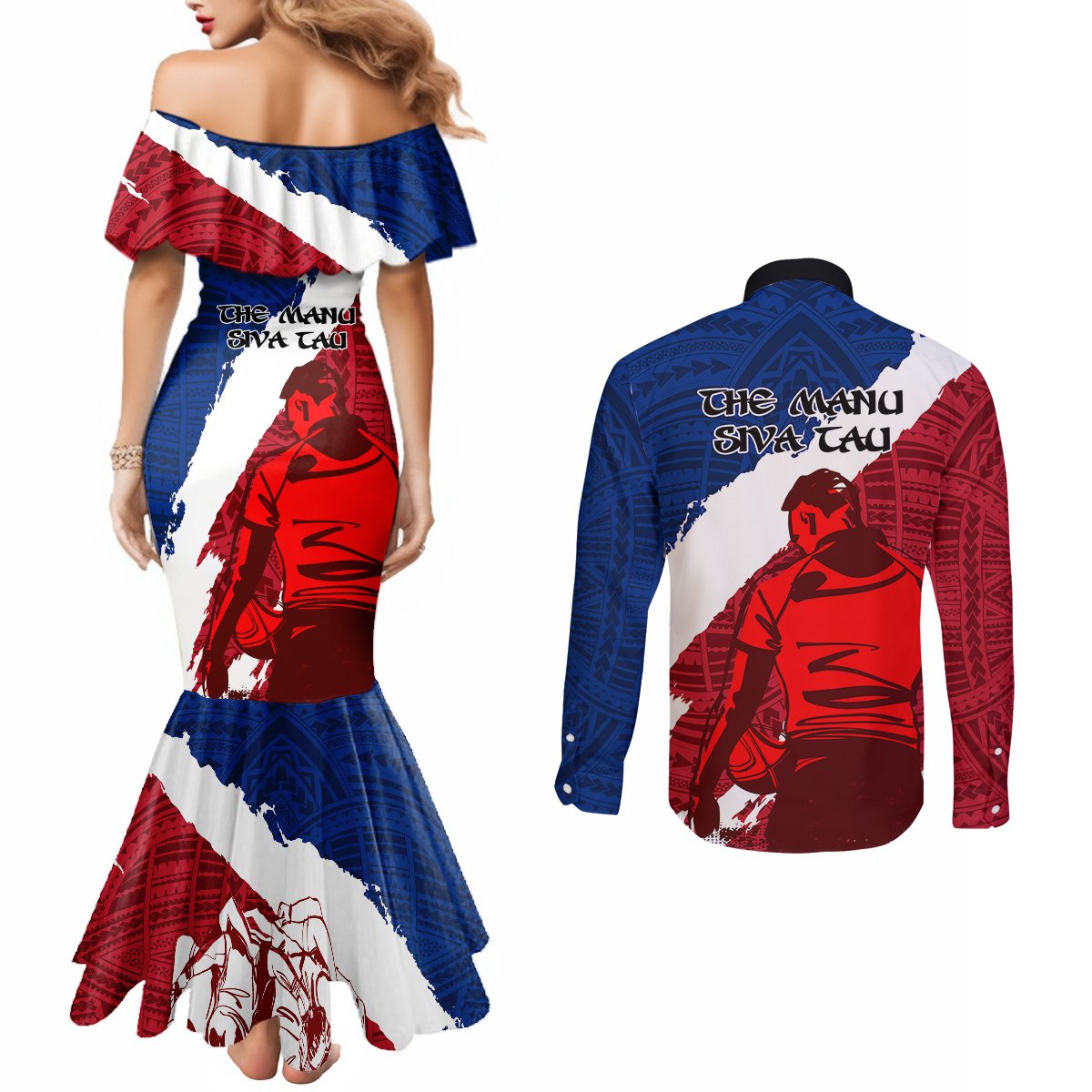 Samoa Rugby Couples Matching Mermaid Dress and Long Sleeve Button Shirts Siva Tau Dance Polynesian Tattoo Brush Style LT03 - Polynesian Pride