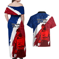 Samoa Rugby Couples Matching Off Shoulder Maxi Dress and Hawaiian Shirt Siva Tau Dance Polynesian Tattoo Brush Style LT03 - Polynesian Pride