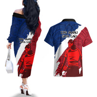 Samoa Rugby Couples Matching Off The Shoulder Long Sleeve Dress and Hawaiian Shirt Siva Tau Dance Polynesian Tattoo Brush Style LT03 - Polynesian Pride