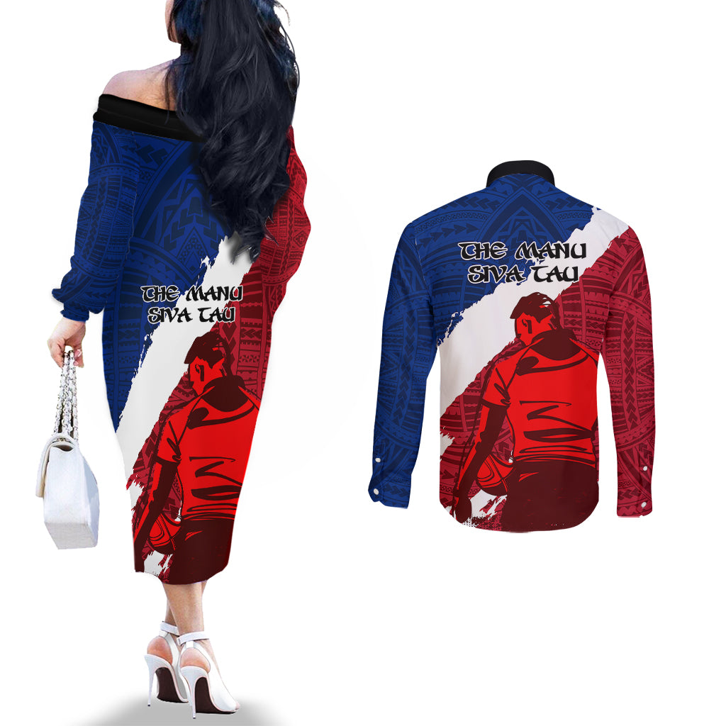 Samoa Rugby Couples Matching Off The Shoulder Long Sleeve Dress and Long Sleeve Button Shirts Siva Tau Dance Polynesian Tattoo Brush Style LT03 - Polynesian Pride