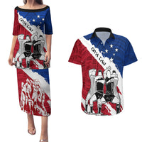 Samoa Rugby Couples Matching Puletasi Dress and Hawaiian Shirt Siva Tau Dance Polynesian Tattoo Brush Style LT03 Red - Polynesian Pride