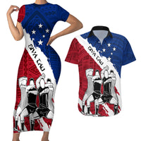 Samoa Rugby Couples Matching Short Sleeve Bodycon Dress and Hawaiian Shirt Siva Tau Dance Polynesian Tattoo Brush Style LT03 Red - Polynesian Pride