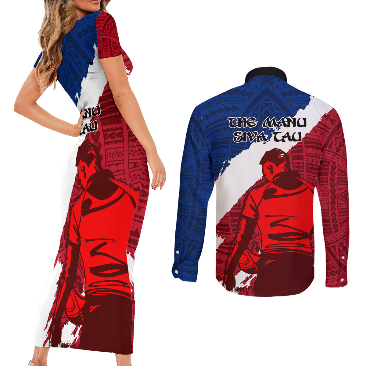 Samoa Rugby Couples Matching Short Sleeve Bodycon Dress and Long Sleeve Button Shirts Siva Tau Dance Polynesian Tattoo Brush Style LT03 - Polynesian Pride