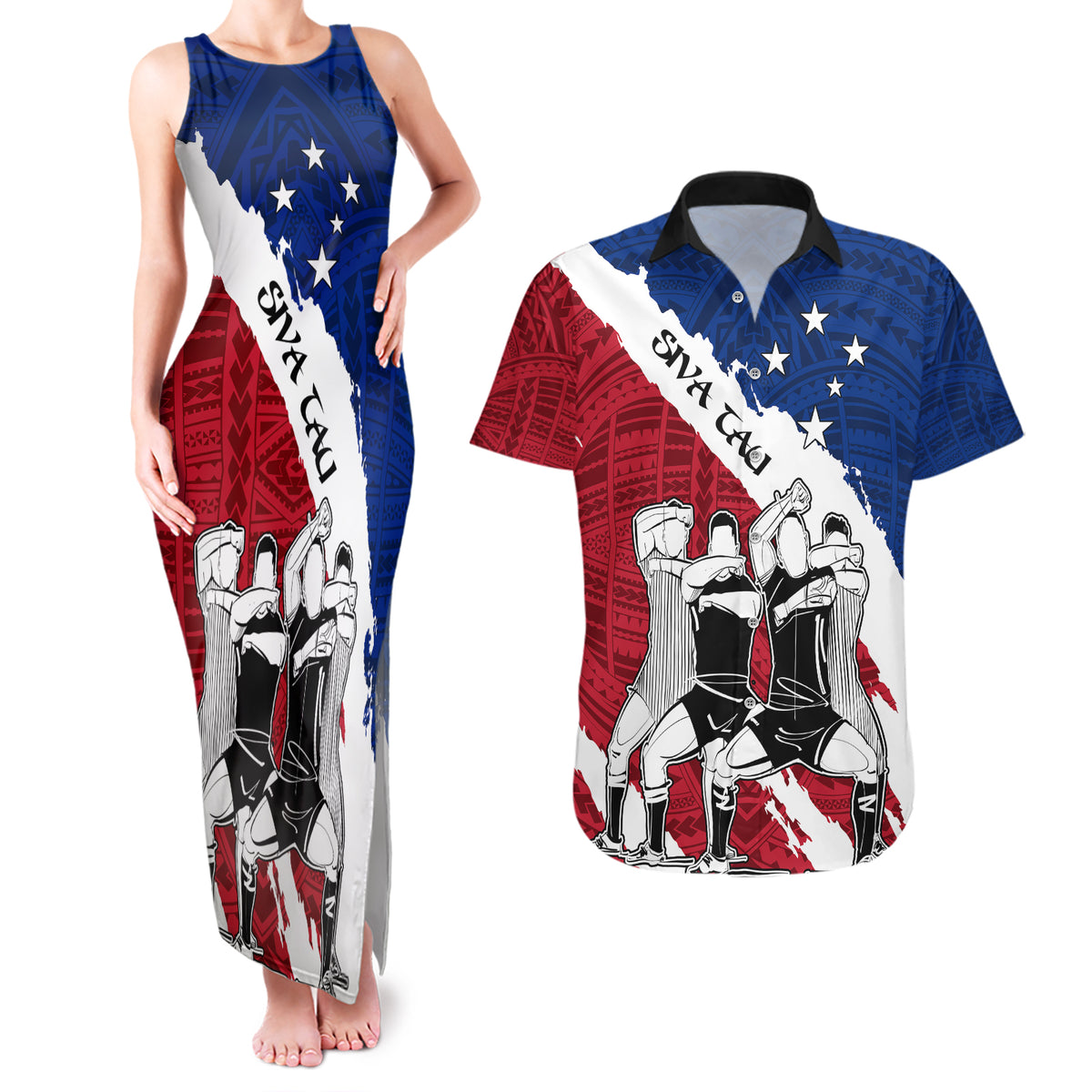 Samoa Rugby Couples Matching Tank Maxi Dress and Hawaiian Shirt Siva Tau Dance Polynesian Tattoo Brush Style LT03 Red - Polynesian Pride
