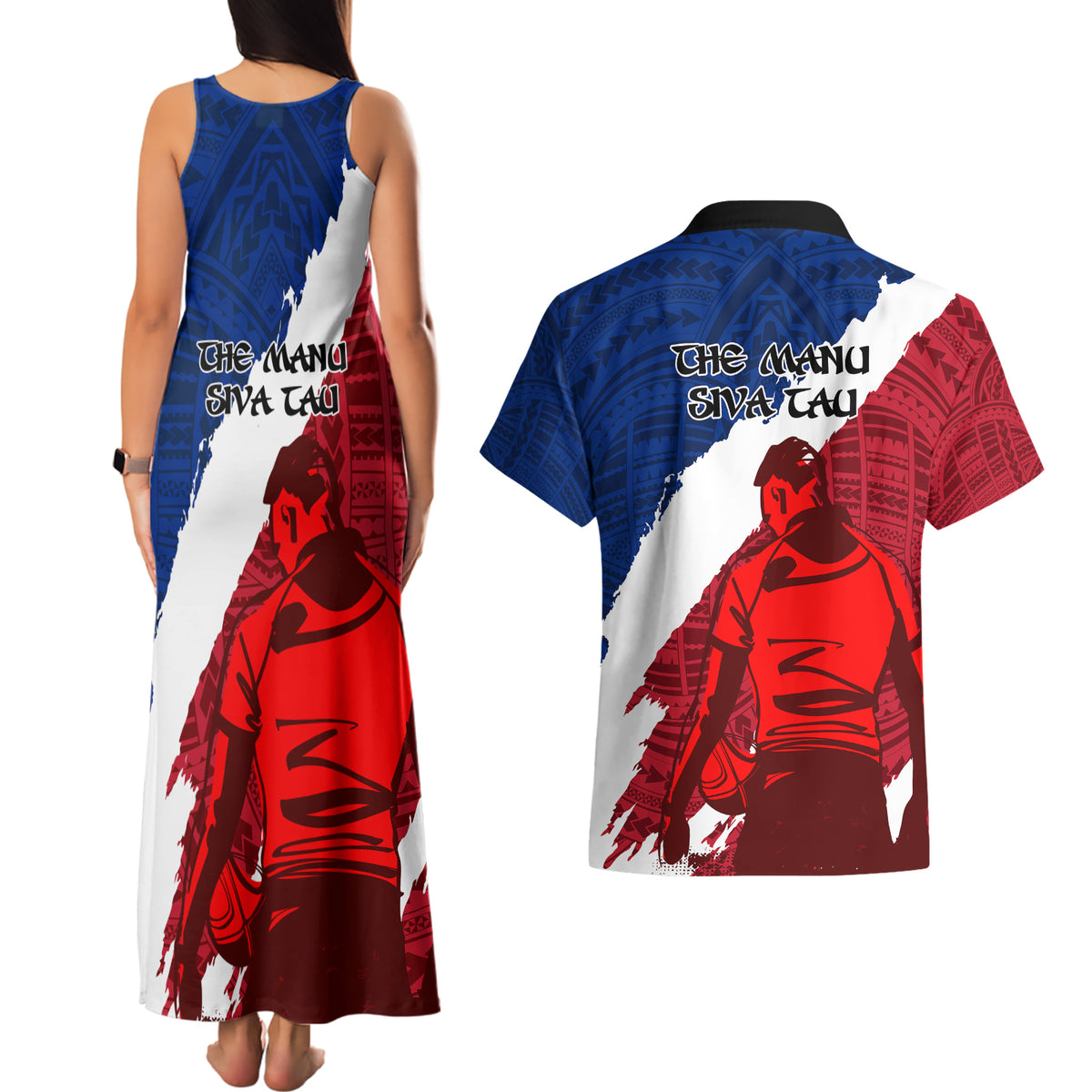 Samoa Rugby Couples Matching Tank Maxi Dress and Hawaiian Shirt Siva Tau Dance Polynesian Tattoo Brush Style LT03 - Polynesian Pride