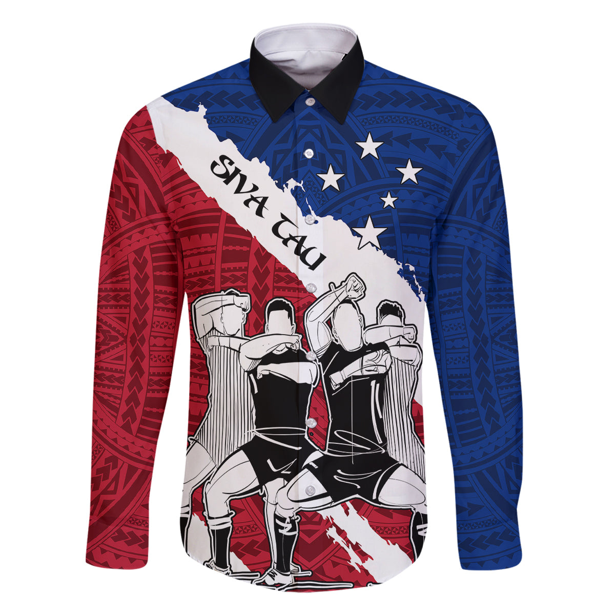 Samoa Rugby Family Matching Mermaid Dress and Hawaiian Shirt Siva Tau Dance Polynesian Tattoo Brush Style LT03 Dad's Shirt - Long Sleeve Red - Polynesian Pride