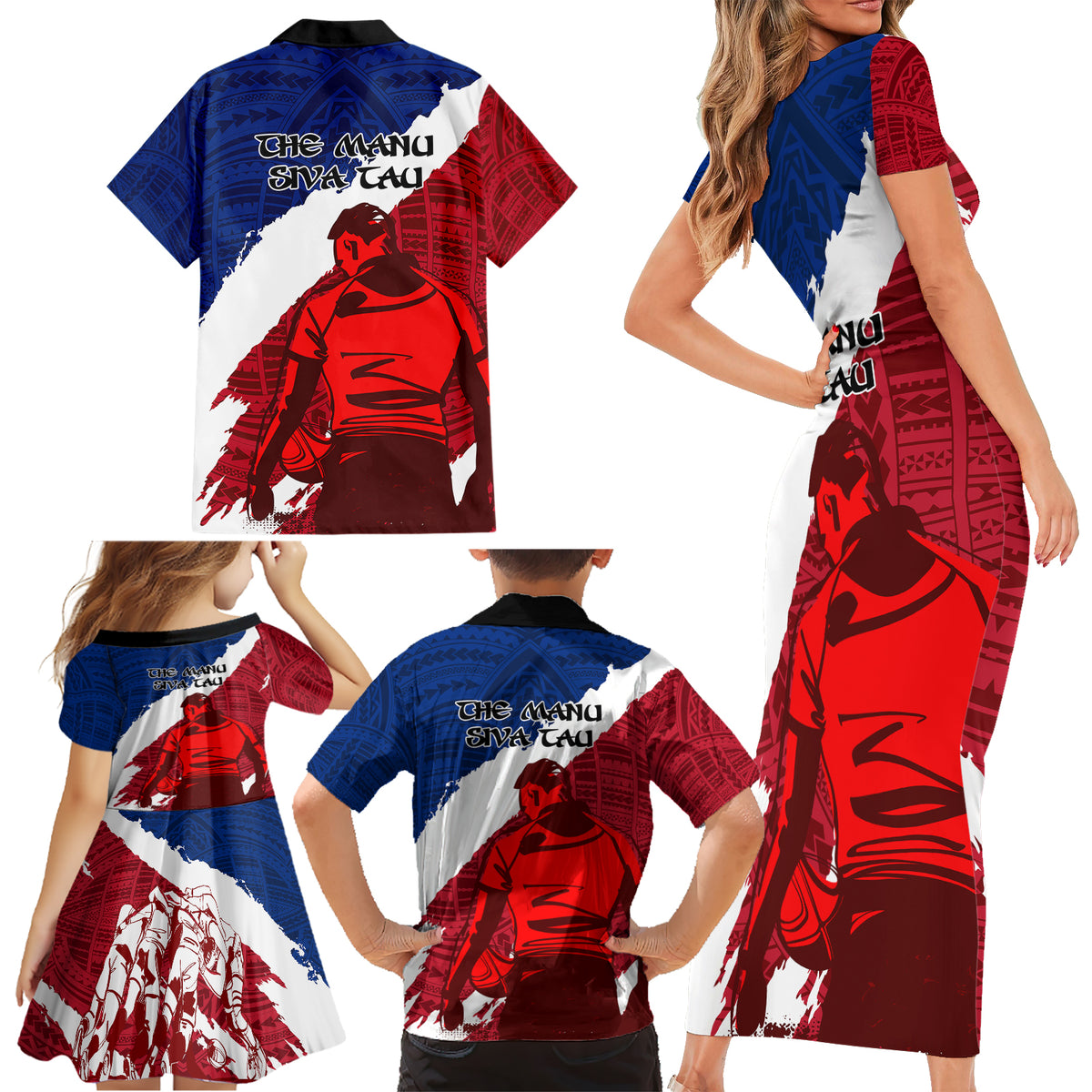 Samoa Rugby Family Matching Short Sleeve Bodycon Dress and Hawaiian Shirt Siva Tau Dance Polynesian Tattoo Brush Style LT03 - Polynesian Pride