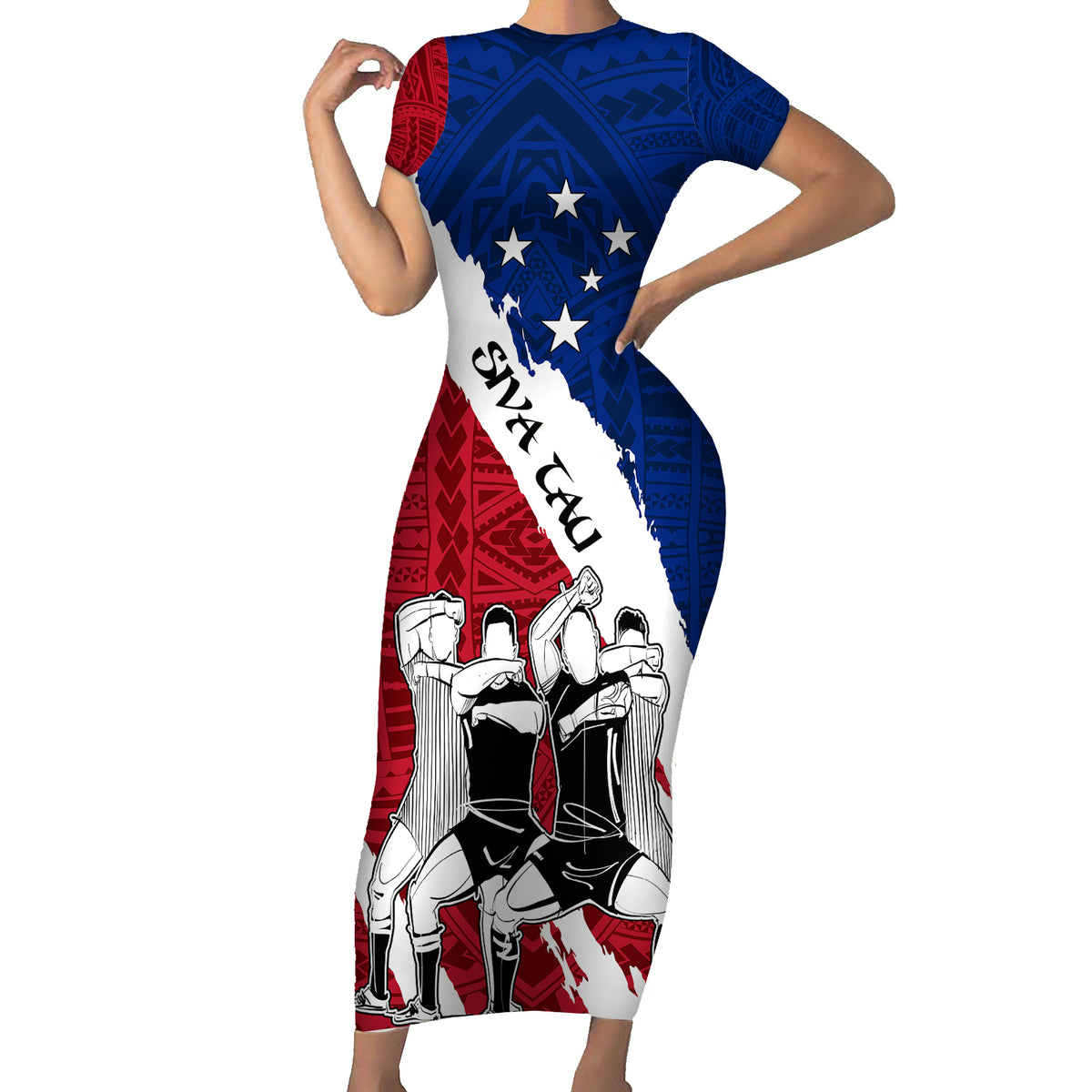 Samoa Rugby Family Matching Short Sleeve Bodycon Dress and Hawaiian Shirt Siva Tau Dance Polynesian Tattoo Brush Style LT03 Mom's Dress Red - Polynesian Pride