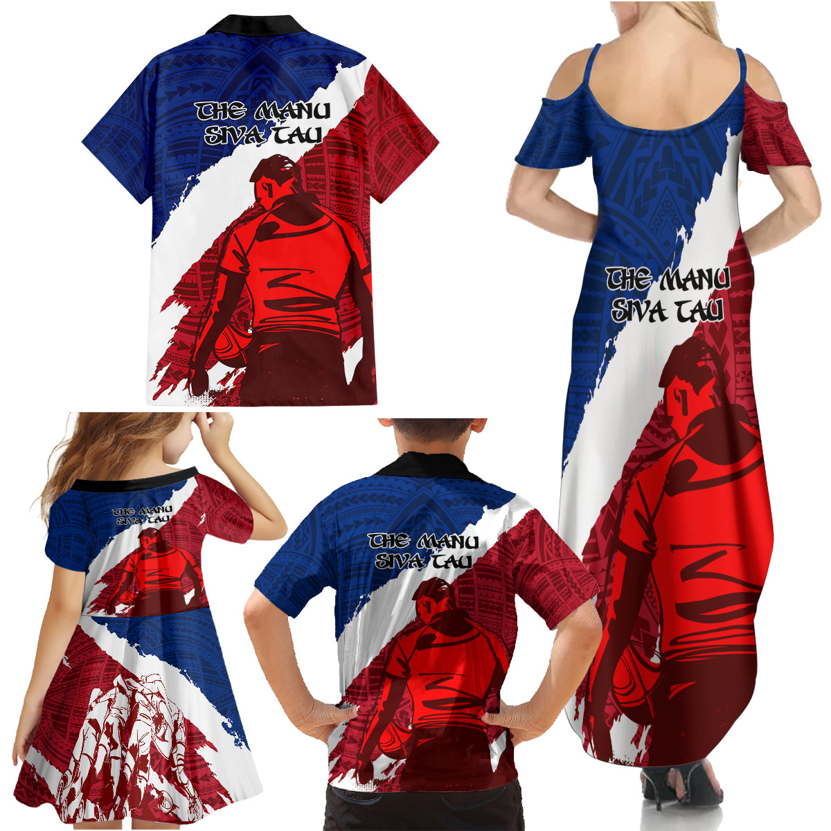 Samoa Rugby Family Matching Summer Maxi Dress and Hawaiian Shirt Siva Tau Dance Polynesian Tattoo Brush Style LT03 - Polynesian Pride