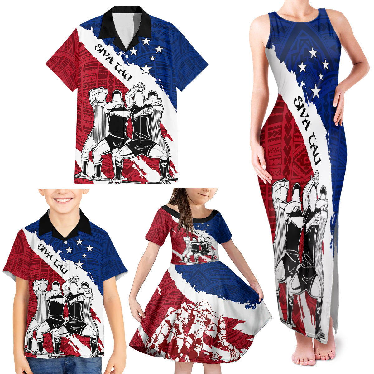 Samoa Rugby Family Matching Tank Maxi Dress and Hawaiian Shirt Siva Tau Dance Polynesian Tattoo Brush Style LT03 - Polynesian Pride