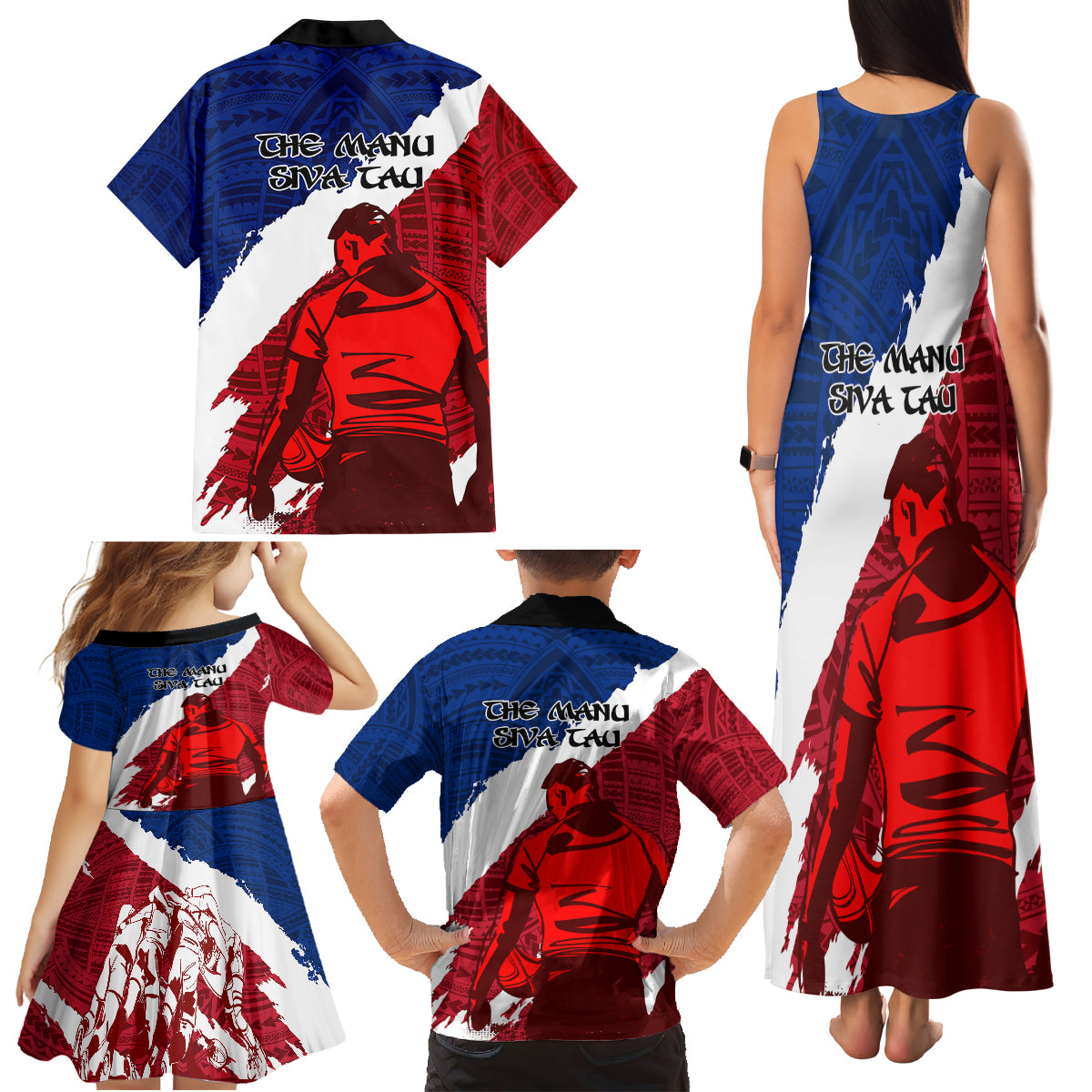 Samoa Rugby Family Matching Tank Maxi Dress and Hawaiian Shirt Siva Tau Dance Polynesian Tattoo Brush Style LT03 - Polynesian Pride