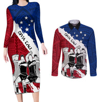 Custom Samoa Rugby Couples Matching Long Sleeve Bodycon Dress and Long Sleeve Button Shirts Siva Tau Dance Polynesian Tattoo Brush Style LT03 Red - Polynesian Pride