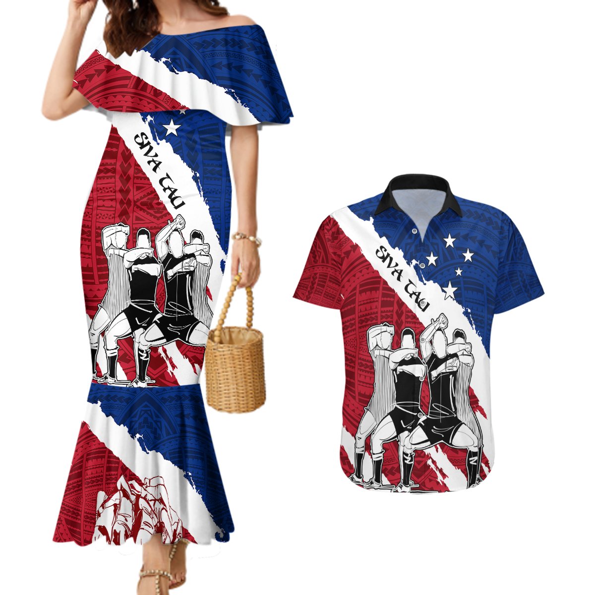Custom Samoa Rugby Couples Matching Mermaid Dress and Hawaiian Shirt Siva Tau Dance Polynesian Tattoo Brush Style LT03 Red - Polynesian Pride